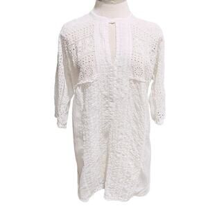 Johnny Was Rayon White Embroidered Eyelet Tunic Top Size Small